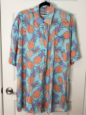 Tipsy Elves Men’s Pineapple Hawaiian Shirt Blue Tropical Button Up 3XL